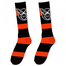 Pig Wheels Pig Head Striped Tall Socks - Orange/Black