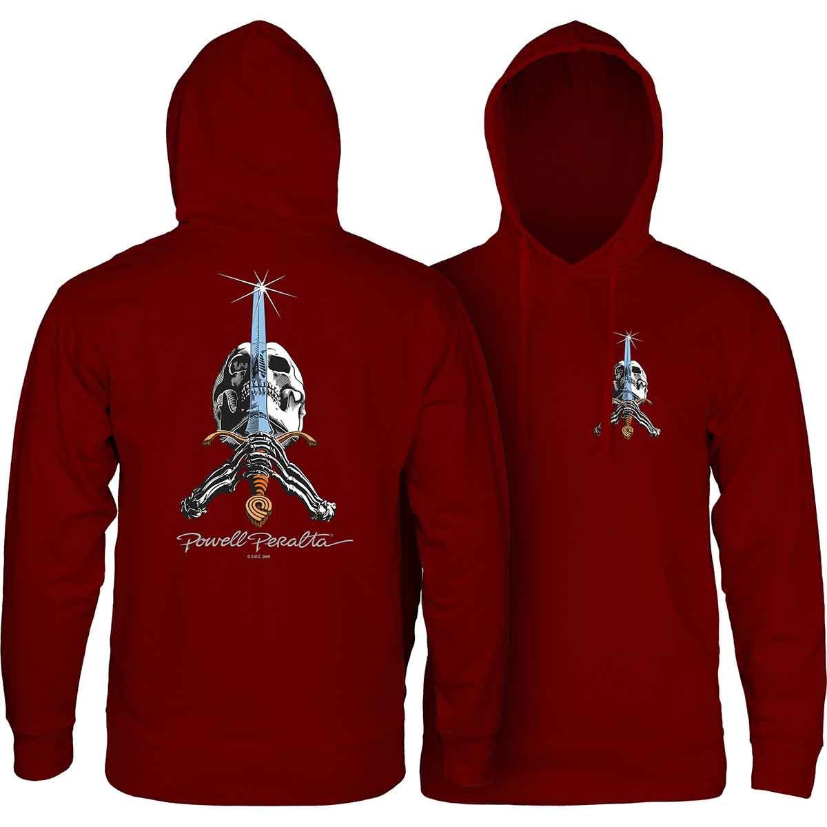 古着ヴィンテージPOWELL PERALTA スカル&ソード　パーカー　サイズM Powell Peralta Skull & Sword Mid-Weight Pullover Hoodie - Maroon