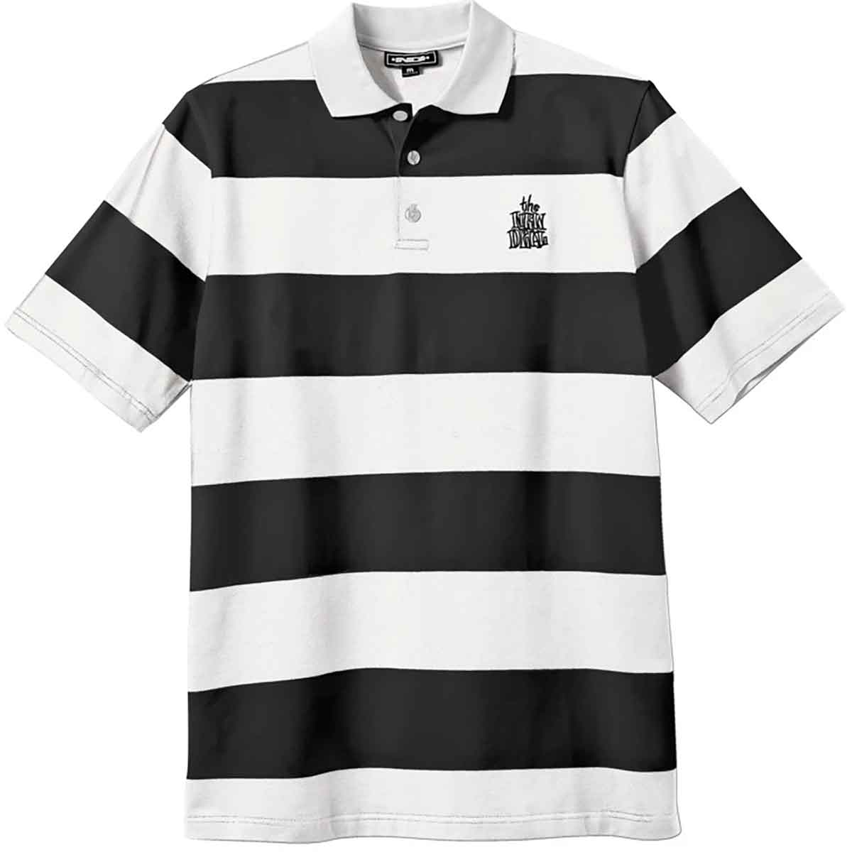 black and white striped polo shirt