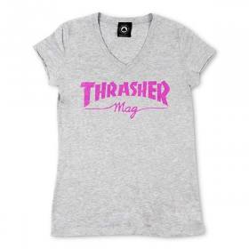 Thrasher Women's Mag Logo V-Neck Shirt - Athletic Heather